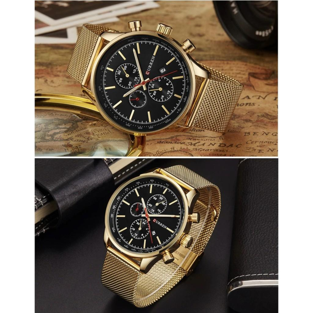 現貨 正品 假三眼 真 日曆錶 鎢鋼材質 防水 鋼錶 商務 手錶 錶 對錶 男錶 情人節 送禮 生日禮物 三眼錶 金錶-細節圖2