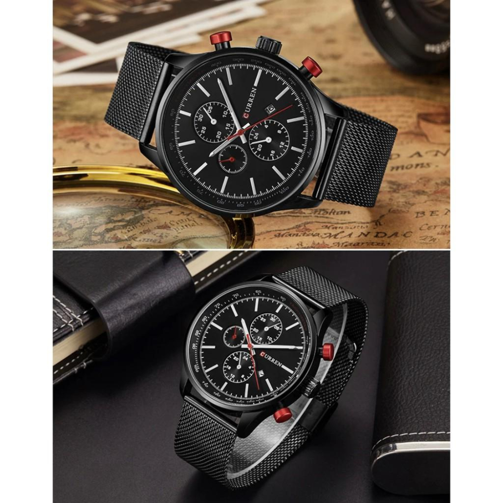 現貨 正品 假三眼 真 日曆錶 鎢鋼材質 防水 鋼錶 商務 手錶 錶 對錶 男錶 情人節 送禮 生日禮物 三眼錶 金錶-細節圖3