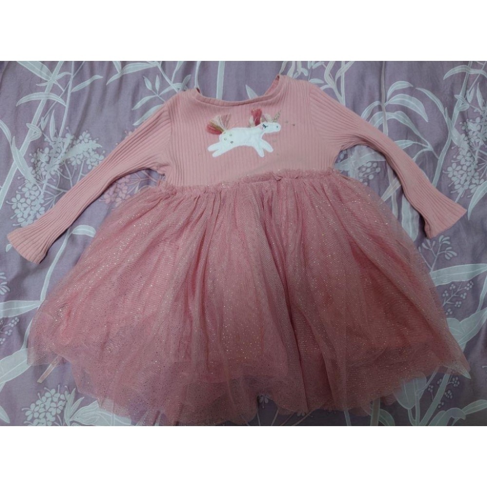 二手 童裝 NEXT 粉色獨角獸網紗連身裙 80-細節圖2