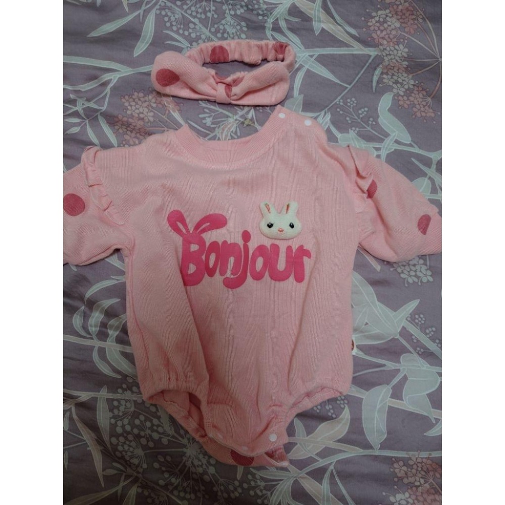 二手近新 粉嫩兔兔包屁衣 贈髮帶 90 僅下水-細節圖2