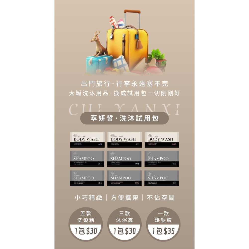 【萃妍皙·洗沐護旅行試用包】洗髮精 沐浴露 護髮膜 旅行 攜帶方便 10包送1包-細節圖2