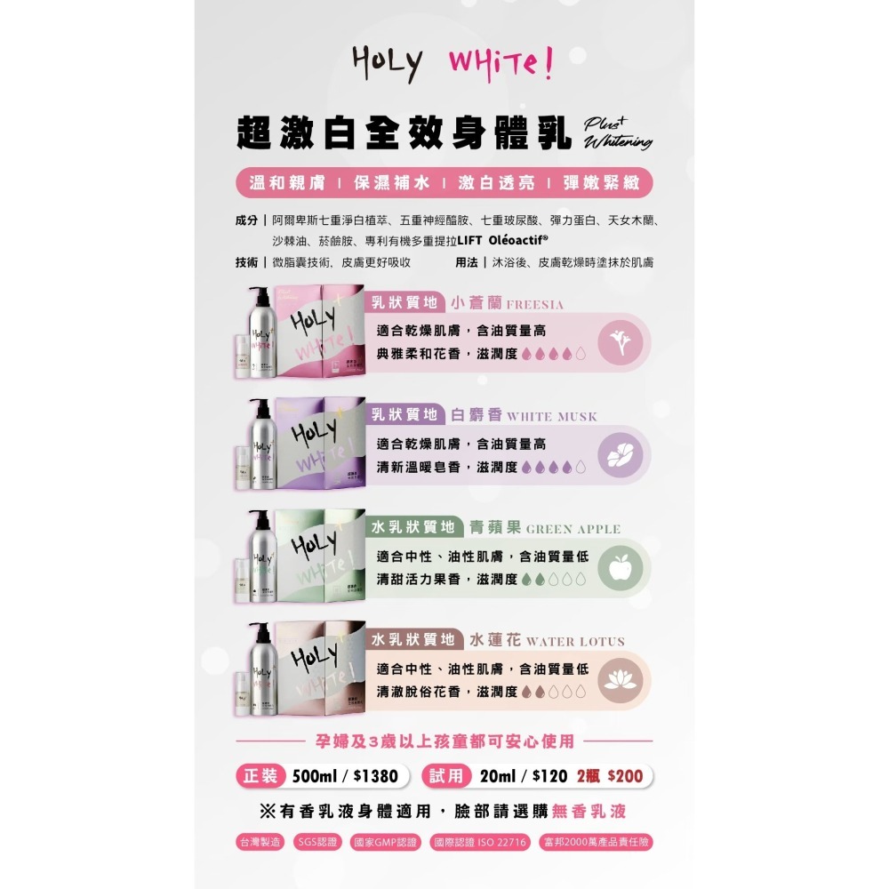 【HoLy WHiTe！】超激白全效身體乳 小蒼蘭 白麝香 水蓮花 青蘋果 買大送小-細節圖2