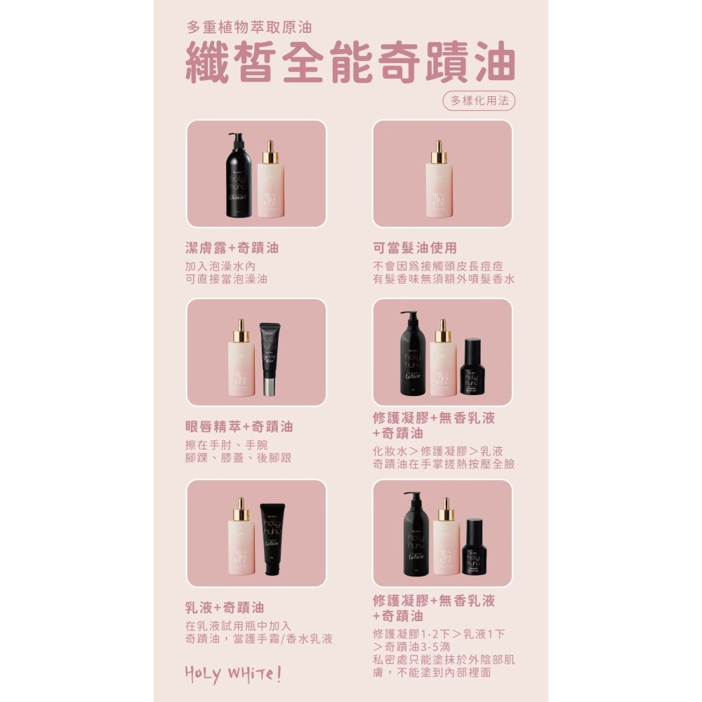 【HoLy WHiTe！】纖皙全能奇蹟油 水蓮花香味 髮油 指緣油 護膚油 泡澡 旅行組-細節圖3