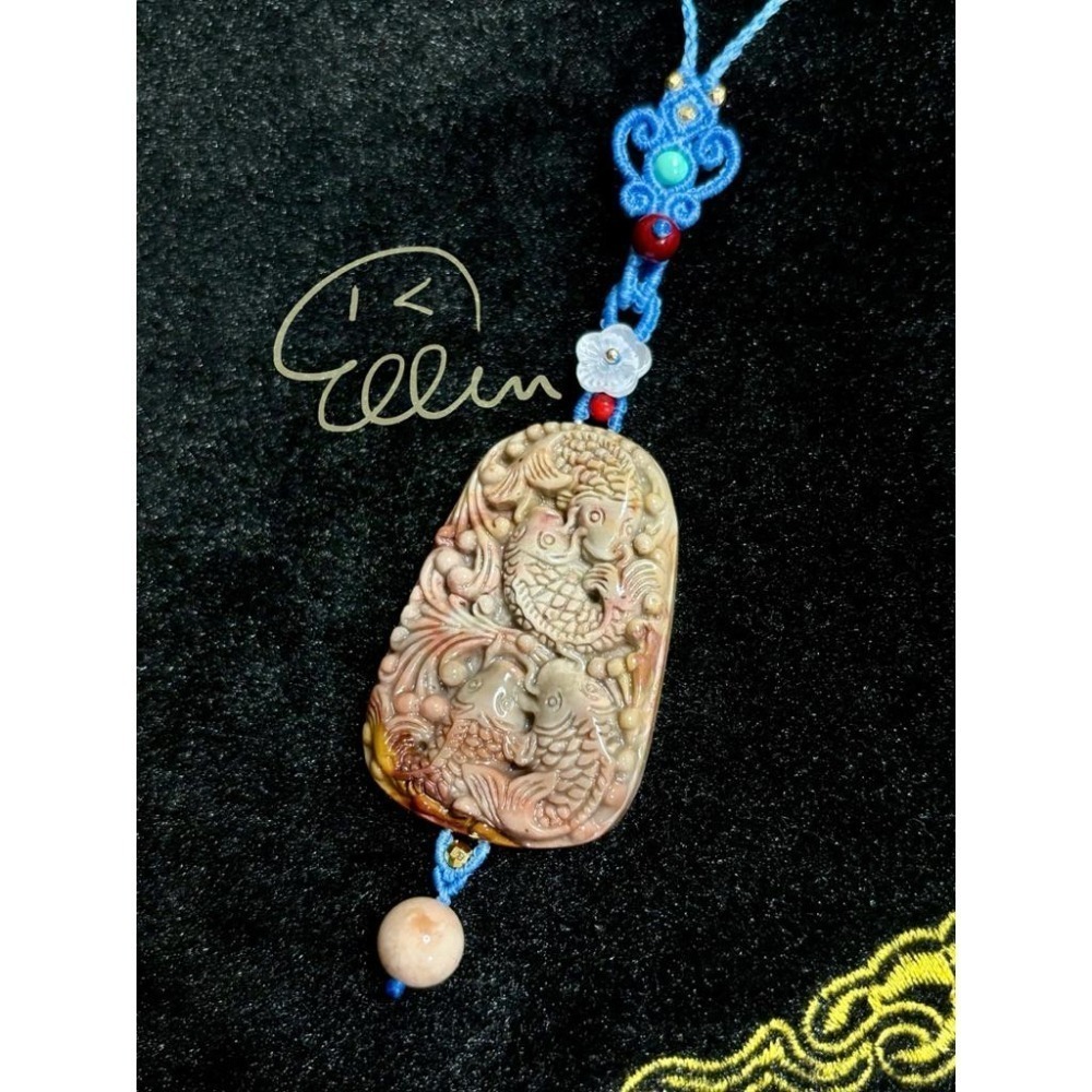 海洋石 錦鯉雕刻 游刃有餘🎏 水藍色系掛繩 蠟線編織掛繩/掛飾/掛件/包掛/編繩/吊飾可拆 G02-細節圖5