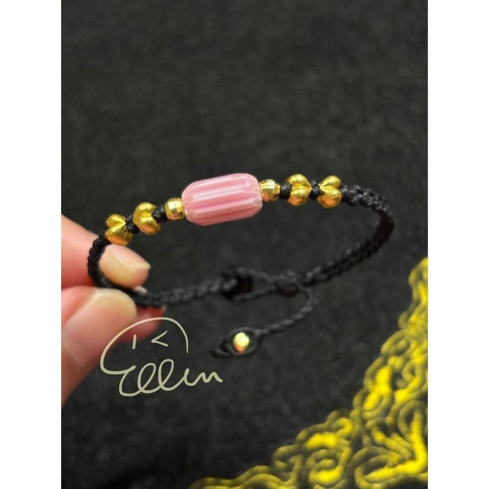 莫蘭迪粉色系 尼泊爾雪弗蘭琉璃珠配飾 黑色系蠟線編織手繩/手鍊/編繩/扣式 可微調整長度 單尾伸縮 B068-細節圖2