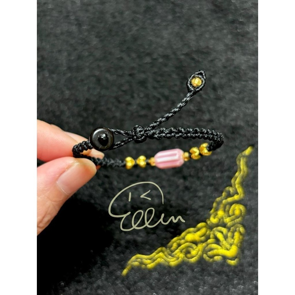 莫蘭迪粉色系 尼泊爾雪弗蘭琉璃珠配飾 黑色系蠟線編織手繩/手鍊/編繩/扣式 可微調整長度 單尾伸縮 B068-細節圖3