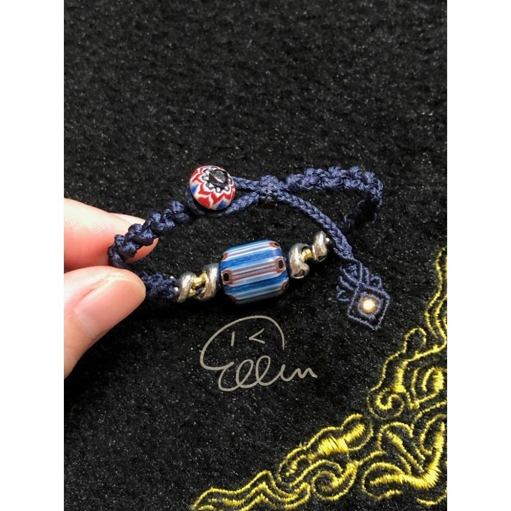 尼泊爾雪弗蘭湖水藍琉璃珠配飾 深藍色系蠟線編織手繩/手鍊/編繩/扣式 可微調整長度 單尾伸縮 B044-細節圖4