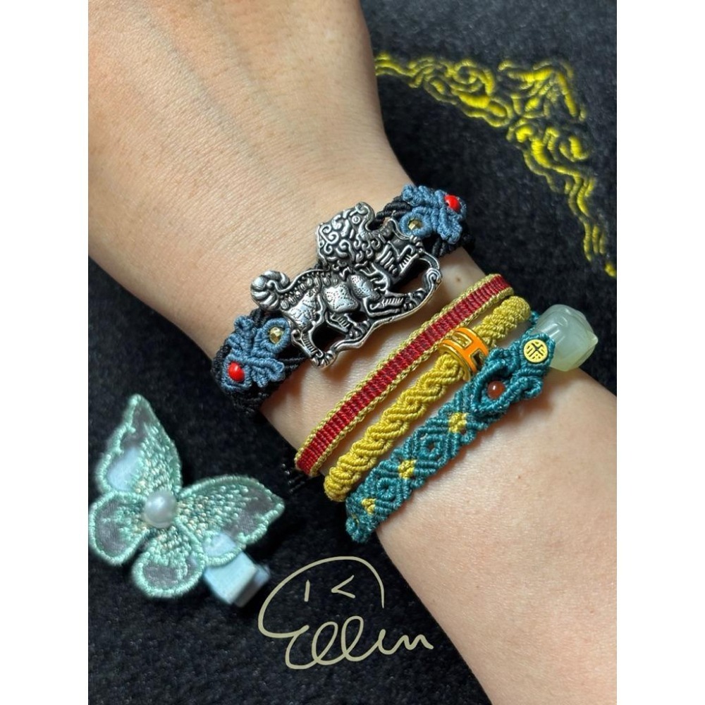 舊銀合金 麒麟瑞獸配飾 黑色系蠟線編織手繩/手鍊/編繩/扣式 可微調整長度 單尾伸縮 B016-細節圖3