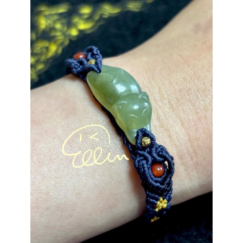 岫玉 可愛趴趴貓咪 深藍色系蠟線編織手繩/手鍊/編繩/扣式 可微調整長度 單尾伸縮 B407-細節圖5