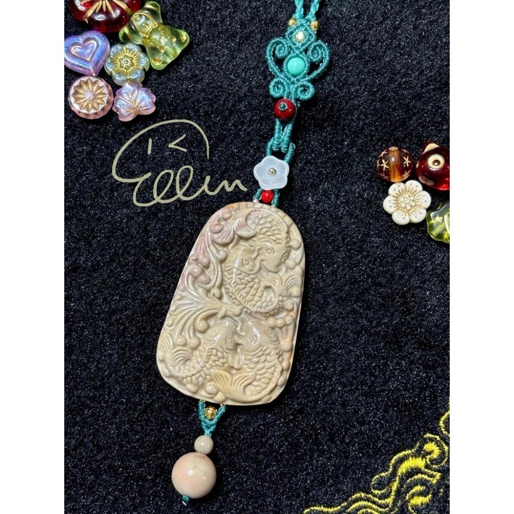 海洋石 吉慶有餘🎏 青綠色系掛繩 蠟線編織掛繩/掛飾/掛件/包掛/編繩/吊飾可拆 G08-細節圖2