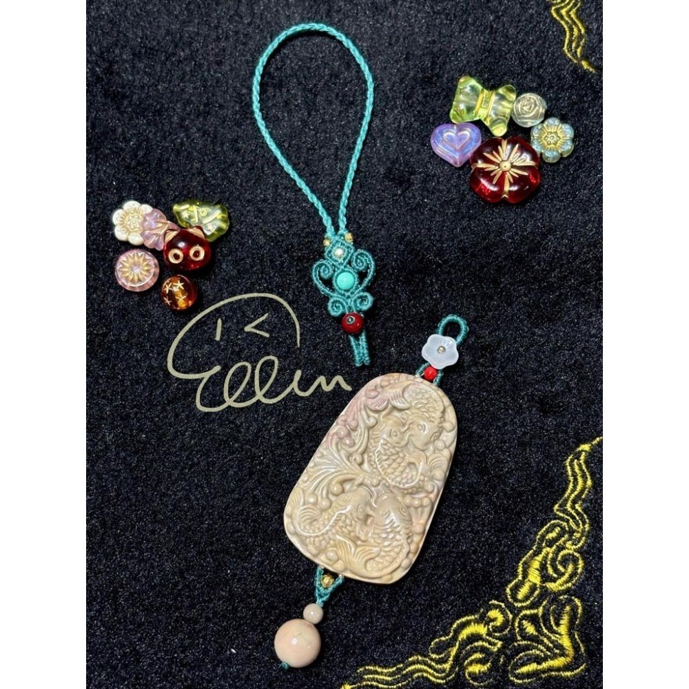 海洋石 吉慶有餘🎏 青綠色系掛繩 蠟線編織掛繩/掛飾/掛件/包掛/編繩/吊飾可拆 G08-細節圖4