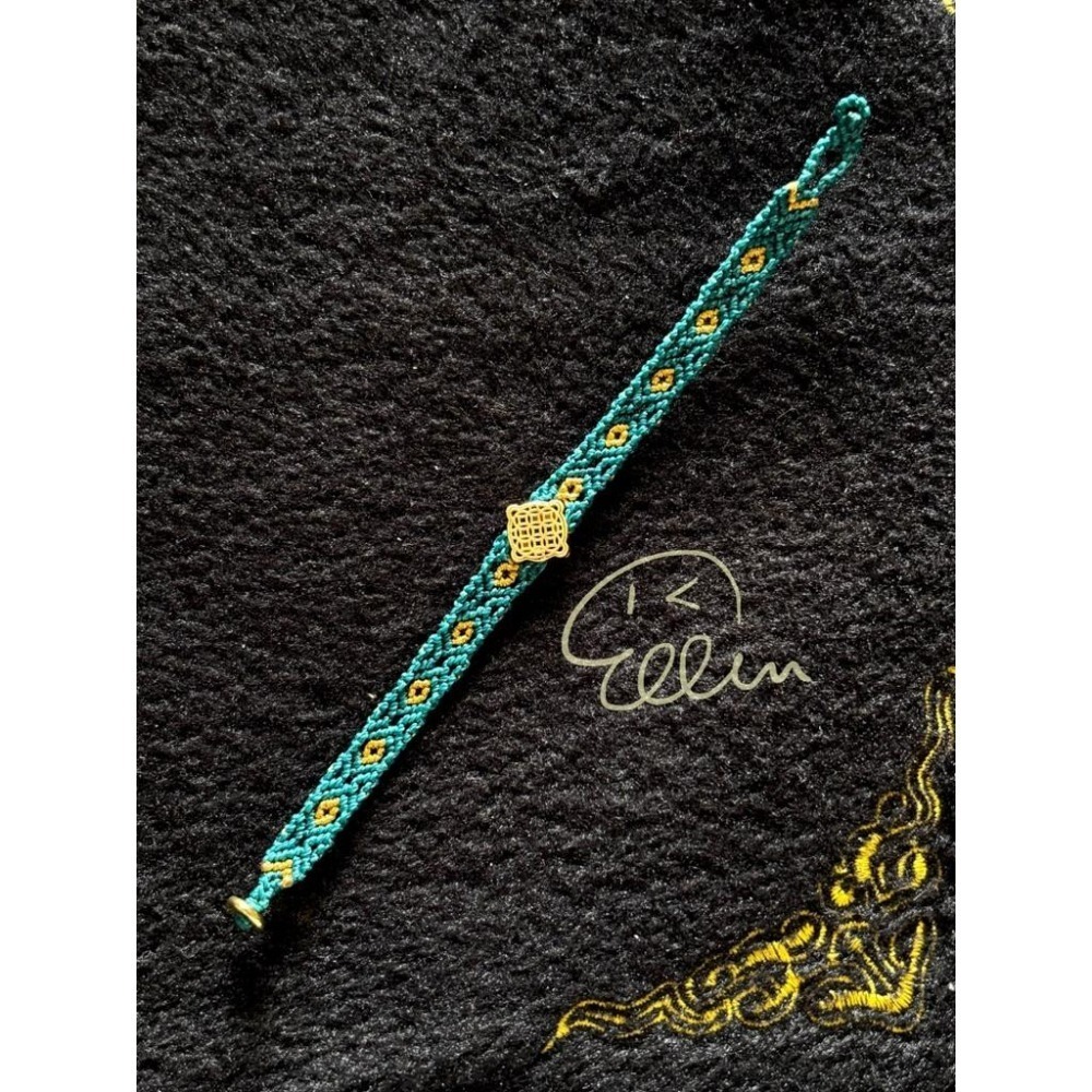 孔雀綠色調 菱格回紋 碧玉色琉璃方形配件 蠟線編織手鍊/手環/手繩/編繩/固定長度 扣式 B047-細節圖2