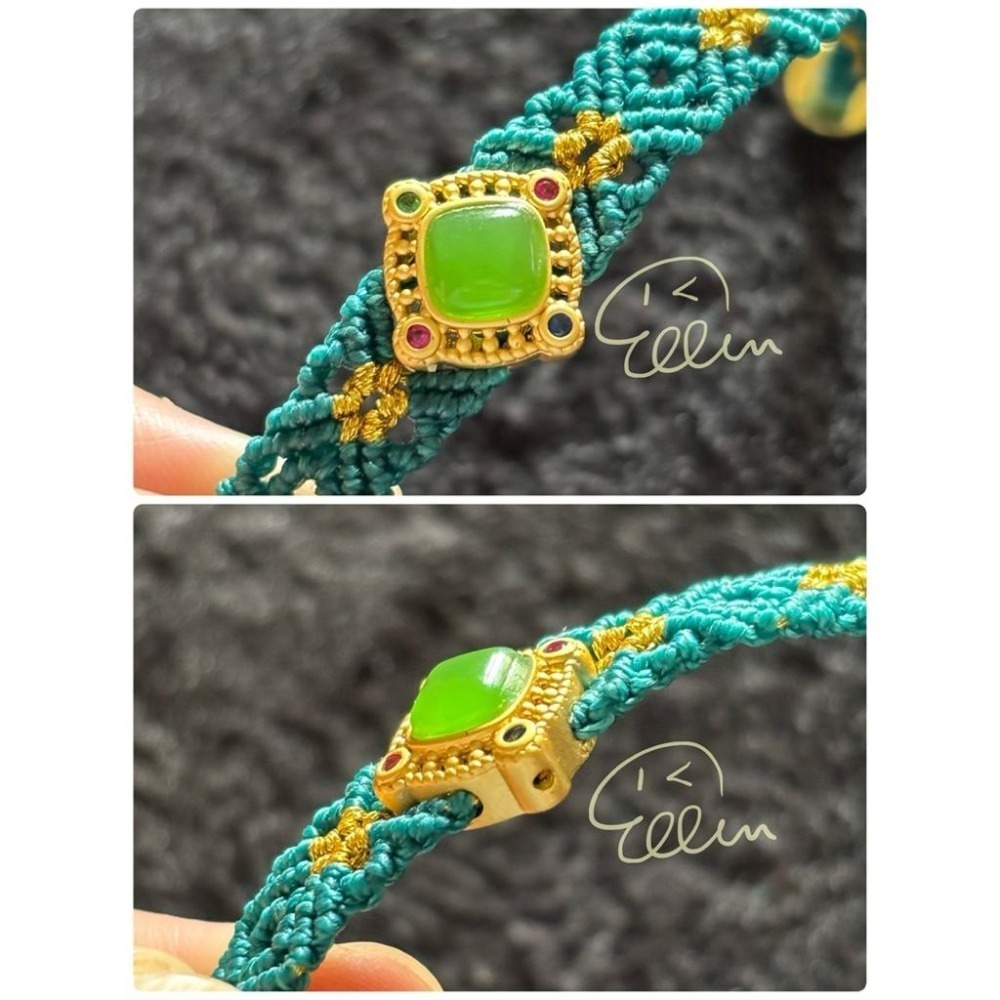 孔雀綠色調 菱格回紋 碧玉色琉璃方形配件 蠟線編織手鍊/手環/手繩/編繩/固定長度 扣式 B047-細節圖3