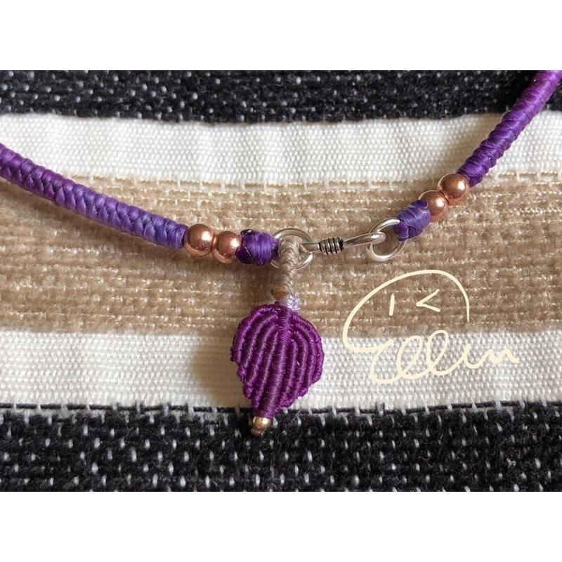 紫色系漸層 段染蠟線編織腳鍊/蠟線腳環/編繩/對色編織 小葉子吊墜 固定長度 B040-細節圖2