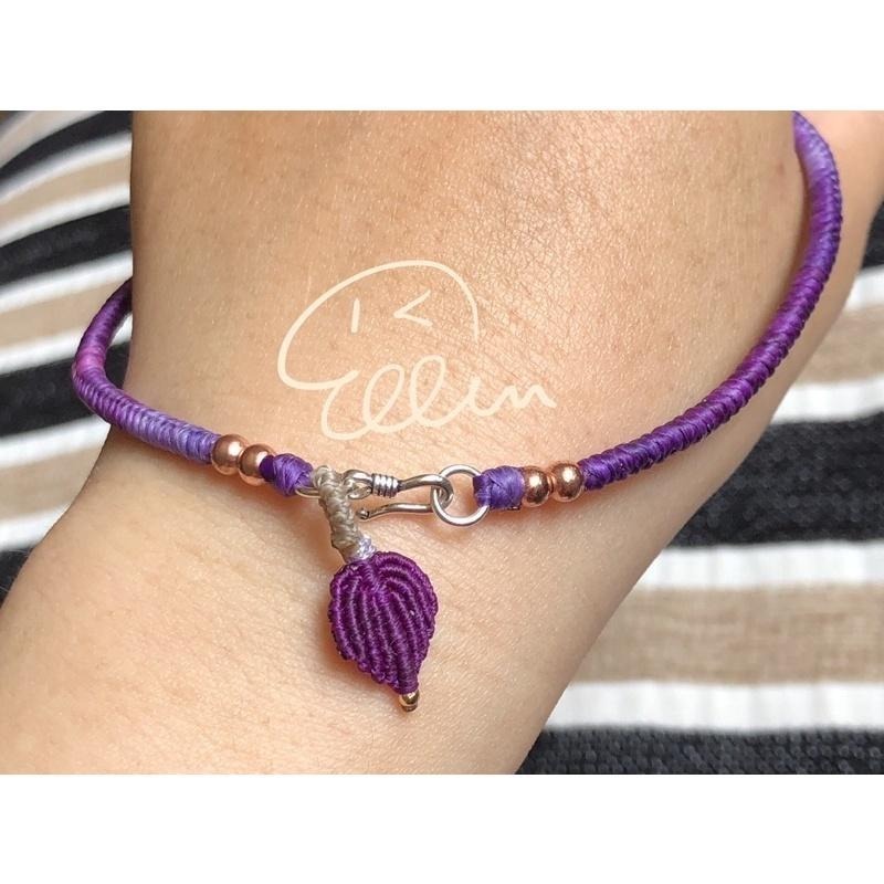 紫色系漸層 段染蠟線編織腳鍊/蠟線腳環/編繩/對色編織 小葉子吊墜 固定長度 B040-細節圖3
