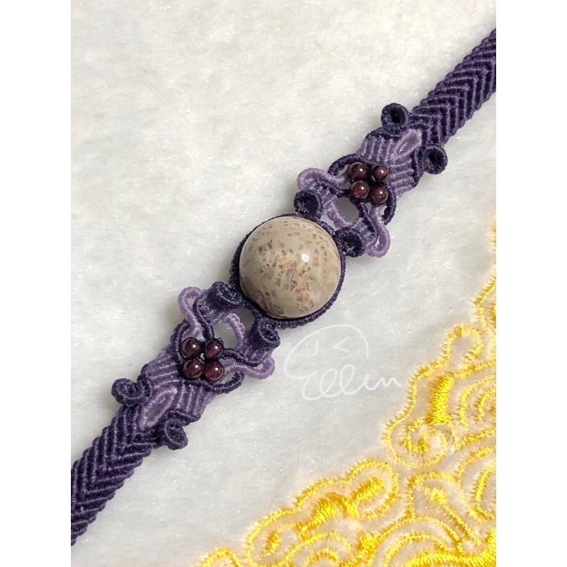 珊瑚玉 大圓珠 紫薰古典設計 蠟線編織手鍊/手環/手繩/編繩/紫牙烏 兩段扣圈 扣式設計 B101-細節圖2
