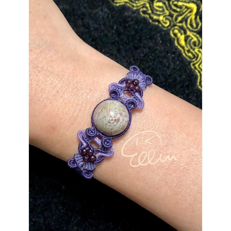 珊瑚玉 大圓珠 紫薰古典設計 蠟線編織手鍊/手環/手繩/編繩/紫牙烏 兩段扣圈 扣式設計 B101-細節圖4