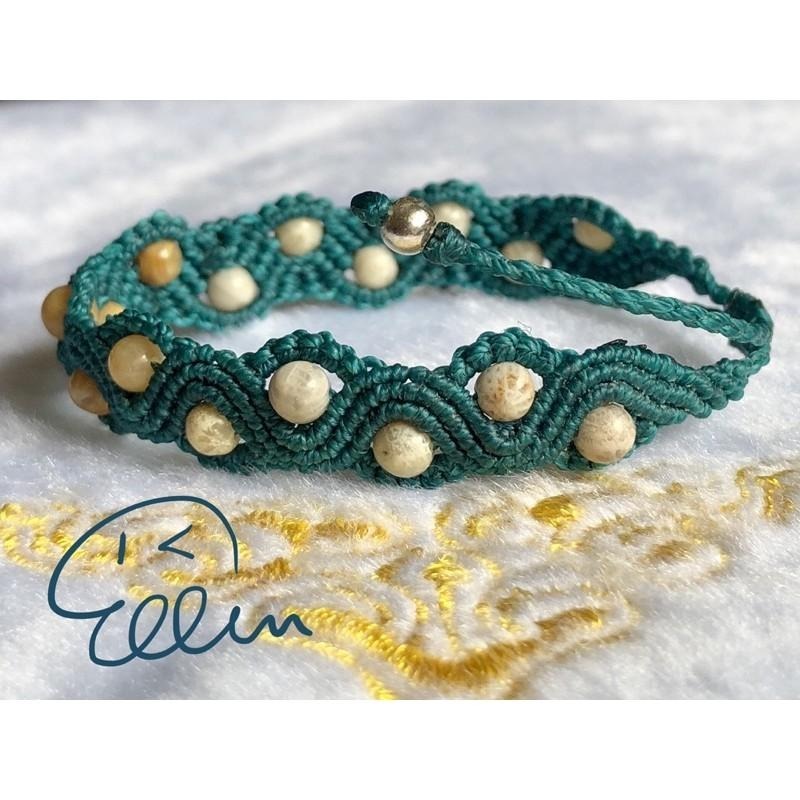 珊瑚玉小圓珠 波浪鍊身 蠟線編織手鍊/蠟線手環/手繩/編繩/菊花石 串珠 雙尾伸縮 B125-細節圖3