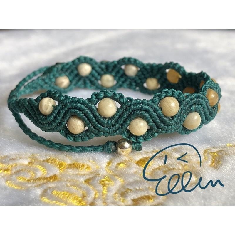 珊瑚玉小圓珠 波浪鍊身 蠟線編織手鍊/蠟線手環/手繩/編繩/菊花石 串珠 雙尾伸縮 B125-細節圖4