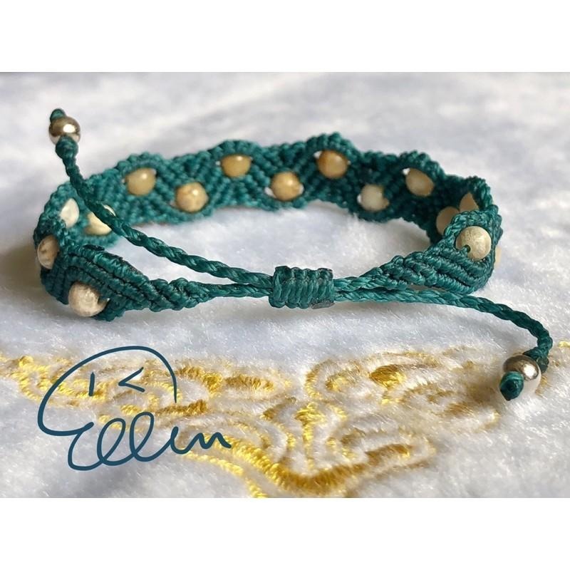 珊瑚玉小圓珠 波浪鍊身 蠟線編織手鍊/蠟線手環/手繩/編繩/菊花石 串珠 雙尾伸縮 B125-細節圖5