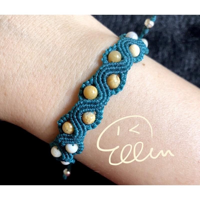 珊瑚玉小圓珠 波浪鍊身 蠟線編織手鍊/蠟線手環/手繩/編繩/菊花石 串珠 雙尾伸縮 B125-細節圖6