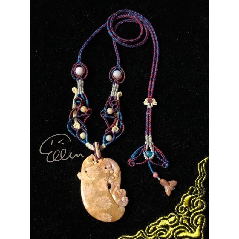 珊瑚玉 古風瑞獸雕刻牌件 蠟線編織套鍊/項鍊/項鏈/項鍊繩/編繩/菊花石 墜飾不可拆  N02-細節圖5