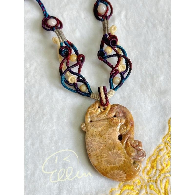 珊瑚玉 古風瑞獸雕刻牌件 蠟線編織套鍊/項鍊/項鏈/項鍊繩/編繩/菊花石 墜飾不可拆  N02-細節圖7