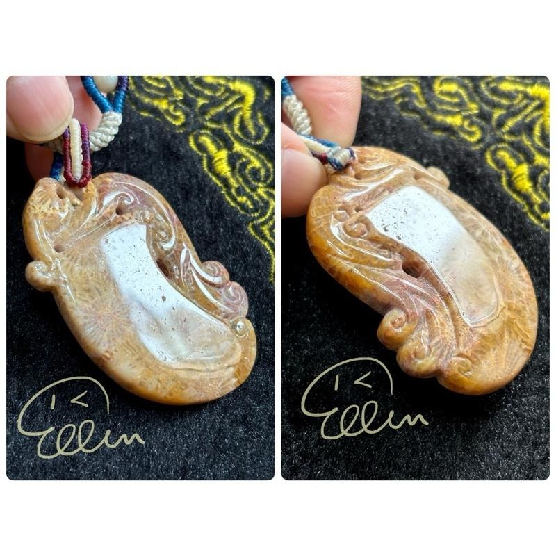 珊瑚玉 古風瑞獸雕刻牌件 蠟線編織套鍊/項鍊/項鏈/項鍊繩/編繩/菊花石 墜飾不可拆  N02-細節圖8