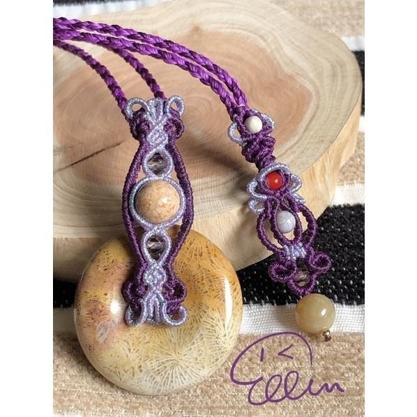 珊瑚玉 閃閃平安扣 蠟線編織套鍊/項鍊/項鍊繩/頸鏈/編繩/菊花石 鳳尾紋 墜飾不可拆 N03-細節圖2