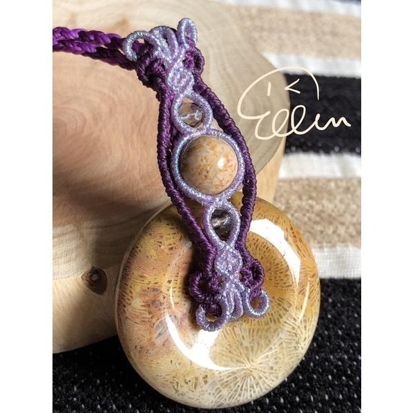 珊瑚玉 閃閃平安扣 蠟線編織套鍊/項鍊/項鍊繩/頸鏈/編繩/菊花石 鳳尾紋 墜飾不可拆 N03-細節圖3