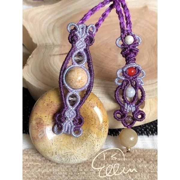 珊瑚玉 閃閃平安扣 蠟線編織套鍊/項鍊/項鍊繩/頸鏈/編繩/菊花石 鳳尾紋 墜飾不可拆 N03-細節圖5