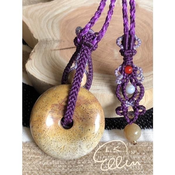 珊瑚玉 閃閃平安扣 蠟線編織套鍊/項鍊/項鍊繩/頸鏈/編繩/菊花石 鳳尾紋 墜飾不可拆 N03-細節圖6