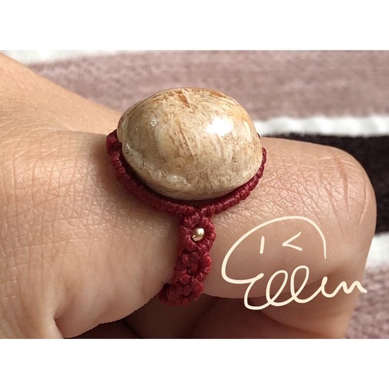 珊瑚玉橢圓蛋面造型 紅色系蠟線編織戒指/編繩/菊花石 龜背-細節圖3