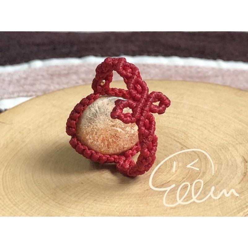 珊瑚玉橢圓蛋面造型 紅色系蠟線編織戒指/編繩/菊花石 龜背-細節圖4