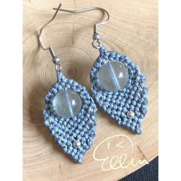 葉子圓珠造型 蠟線編織耳環/耳勾/耳鉤/耳墜/編繩/菊花石 316L鋼 不鏽鋼 E01-細節圖2