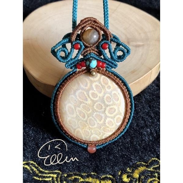 珊瑚玉 大器圓墜 蠟線編織套鍊/項鍊/頸鍊/編繩/菊花石 鎖骨鏈 招財納福寓意 墜飾不可拆 N18-細節圖4