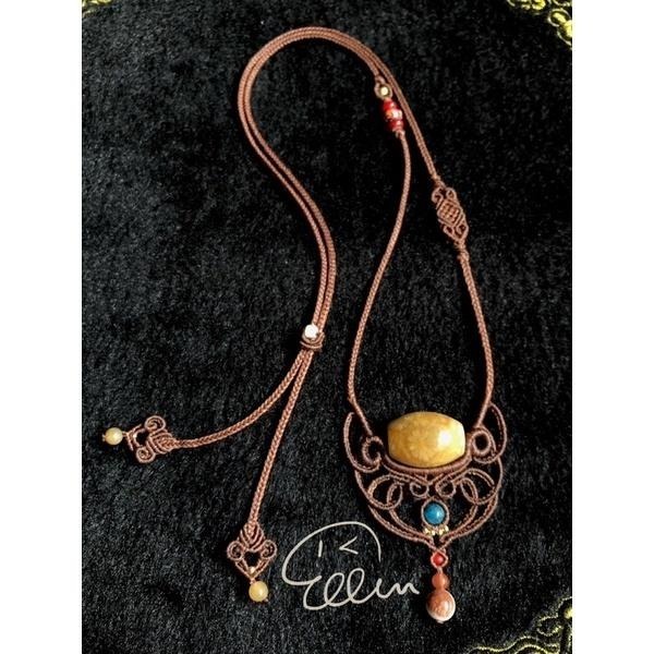 珊瑚玉 大花酒桶珠 流線造型  蠟線編織套鍊/項鍊/頸鍊/編繩/菊花石 墜飾不可拆 N20-細節圖4