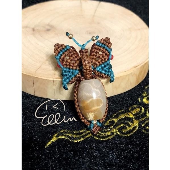 蝶戀花 珊瑚玉 彩花透光桶珠 蠟線編織設計墜飾/吊墜/編繩/菊花石 P08-細節圖2