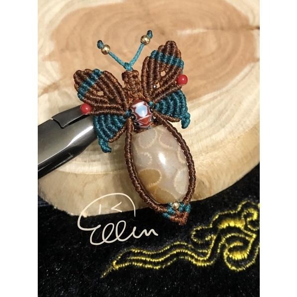 蝶戀花 珊瑚玉 彩花透光桶珠 蠟線編織設計墜飾/吊墜/編繩/菊花石 P08-細節圖3