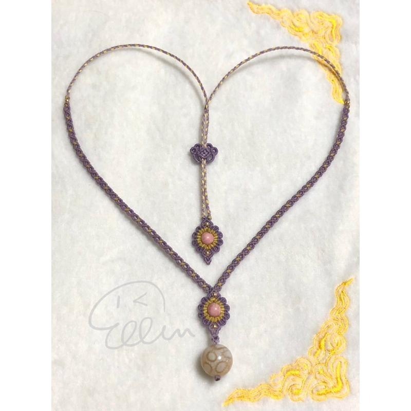 珊瑚玉 透料小花圓珠墜 紫黃雛菊造型鍊身 蠟線編織套鍊/項鍊/項鏈/項鍊繩/編繩/墜飾不可拆 N09-細節圖2