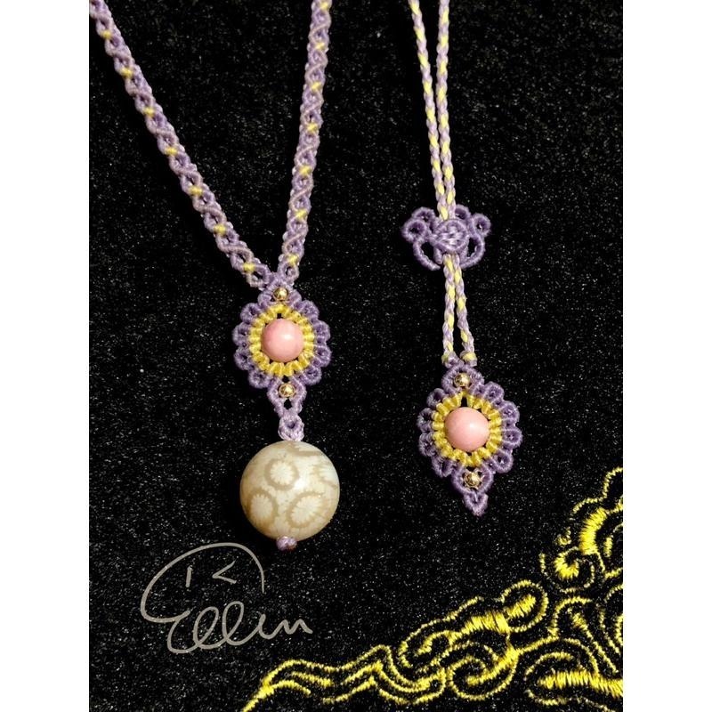 珊瑚玉 透料小花圓珠墜 紫黃雛菊造型鍊身 蠟線編織套鍊/項鍊/項鏈/項鍊繩/編繩/墜飾不可拆 N09-細節圖4