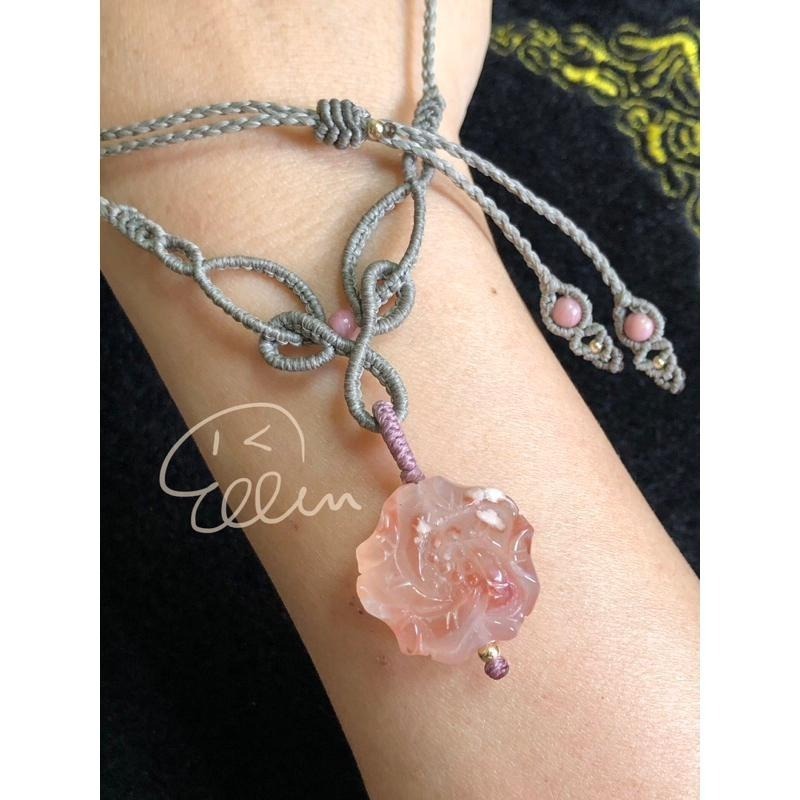 櫻花瑪瑙 美美花墜 蠟線編織套鍊/項鍊/項鏈/項鍊繩/編繩/墜飾不可拆 N10-細節圖7