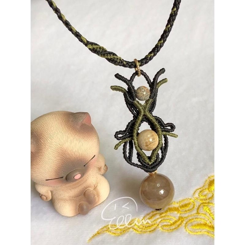 珊瑚玉 黑冰大圓珠墜 中性流線設計  蠟線編織套鍊/項鍊/項鏈/項鍊繩/編繩/菊花石 墜飾原則上不可拆 N13-細節圖4