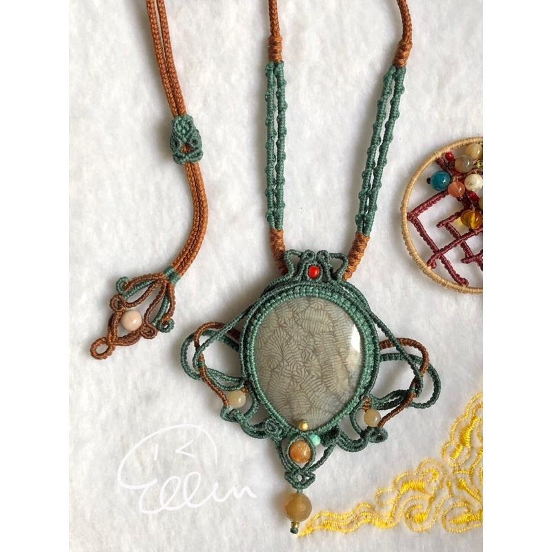 珊瑚玉 古典雍容大器  灰冰大水滴墜 蠟線編織套鍊/項鍊/項鏈/項鍊繩/編繩/菊花石 墜飾不可拆 N14-細節圖4