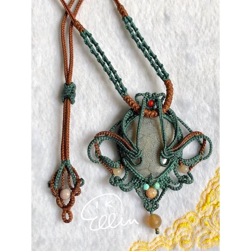 珊瑚玉 古典雍容大器  灰冰大水滴墜 蠟線編織套鍊/項鍊/項鏈/項鍊繩/編繩/菊花石 墜飾不可拆 N14-細節圖5