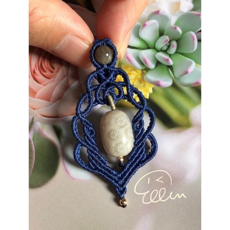 珊瑚玉 波紋流線設計 灰白色系桶珠墜 蠟線編織吊飾/墜飾/吊墜/編繩 菊花石 不含項鍊 P12-細節圖2