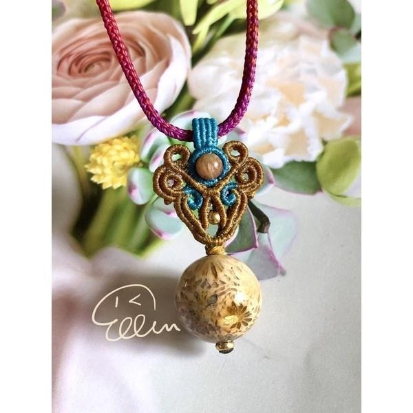 珊瑚玉 雙面如意外型墜飾 圓珠墜 有兩款 蠟線編織吊飾/墜飾/吊墜/編繩 菊花石 不含項鍊 P13-細節圖3