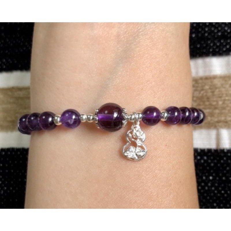 福祿滿荷 紫水晶 純銀葫蘆/串珠手鍊/手環/手串 彈性線 B602-細節圖2