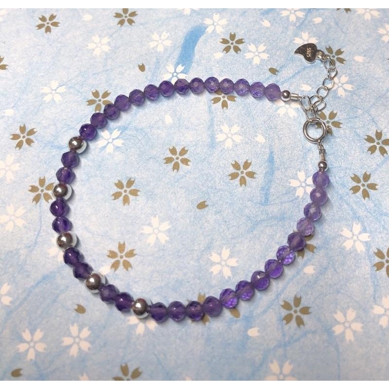 鑽切面 紫水晶 純銀圓珠 串珠手鍊/手環 B530-細節圖2