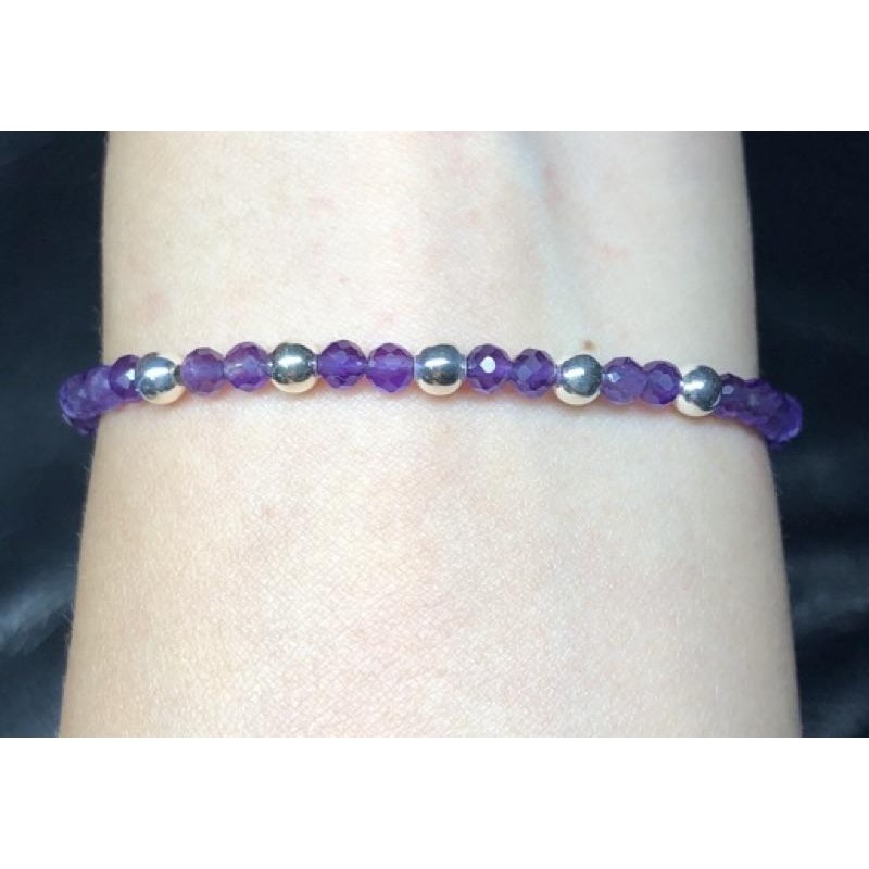 鑽切面 紫水晶 純銀圓珠 串珠手鍊/手環 B530-細節圖3